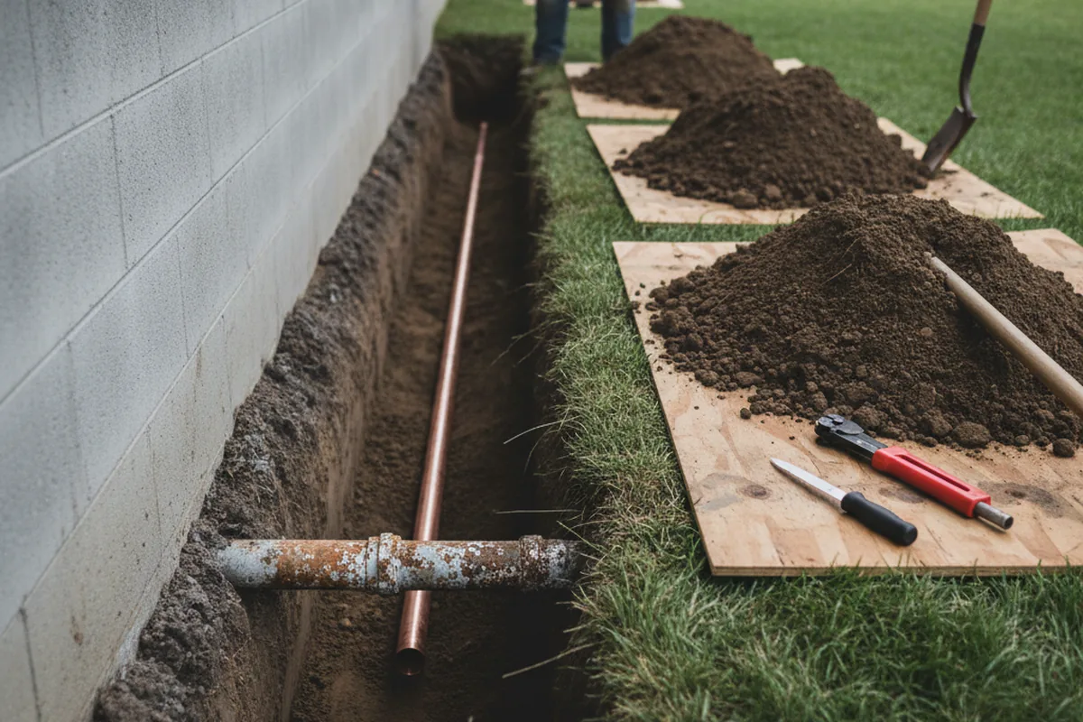 Excavated water line trench during Sewer Line Repair in Hudson Falls